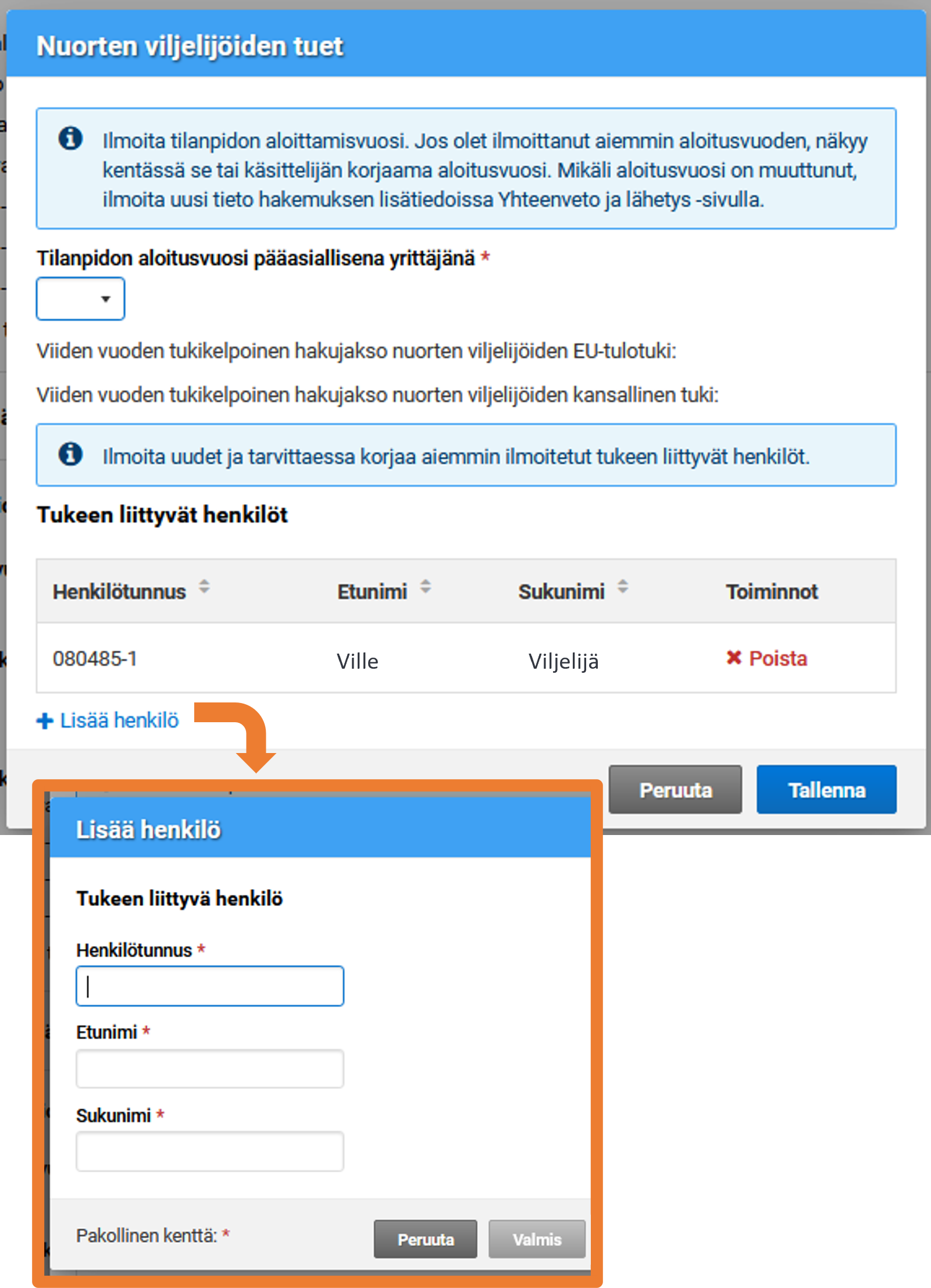 Kuvakaappaus Vipu-palvelusta, nuoren viljelij&auml; tuen lis&auml;tiedot