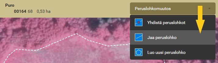 Kuvankaappaus Vipusta. Valitse peruslohkomuutoksen jaa peruslohko -ty&ouml;kalu