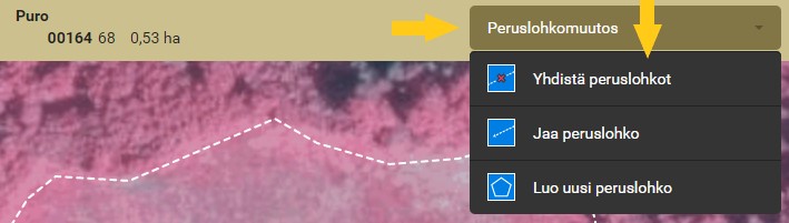 Kuvankaappaus Vipusta. Valitse isolla kartalla peruslohkomuutoksen ty&ouml;kalu