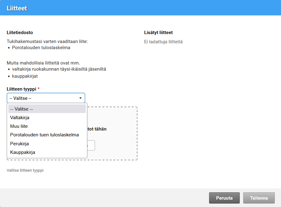 Kuvakaappaus Vipu-palvelusta, liitteen lis&auml;&auml;minen