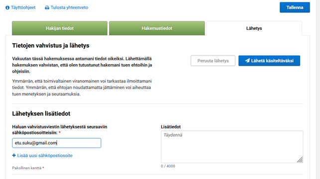 Kuvakaappaus Vipu-palveusta, l&auml;hetys-v&auml;lilehti