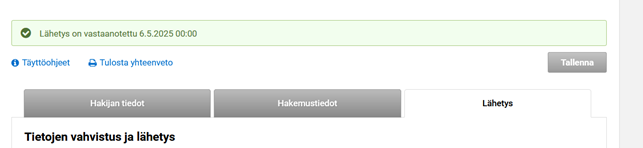 Kuvakaappaus Vipu-palvelusta, l&auml;hetys on onnistunut
