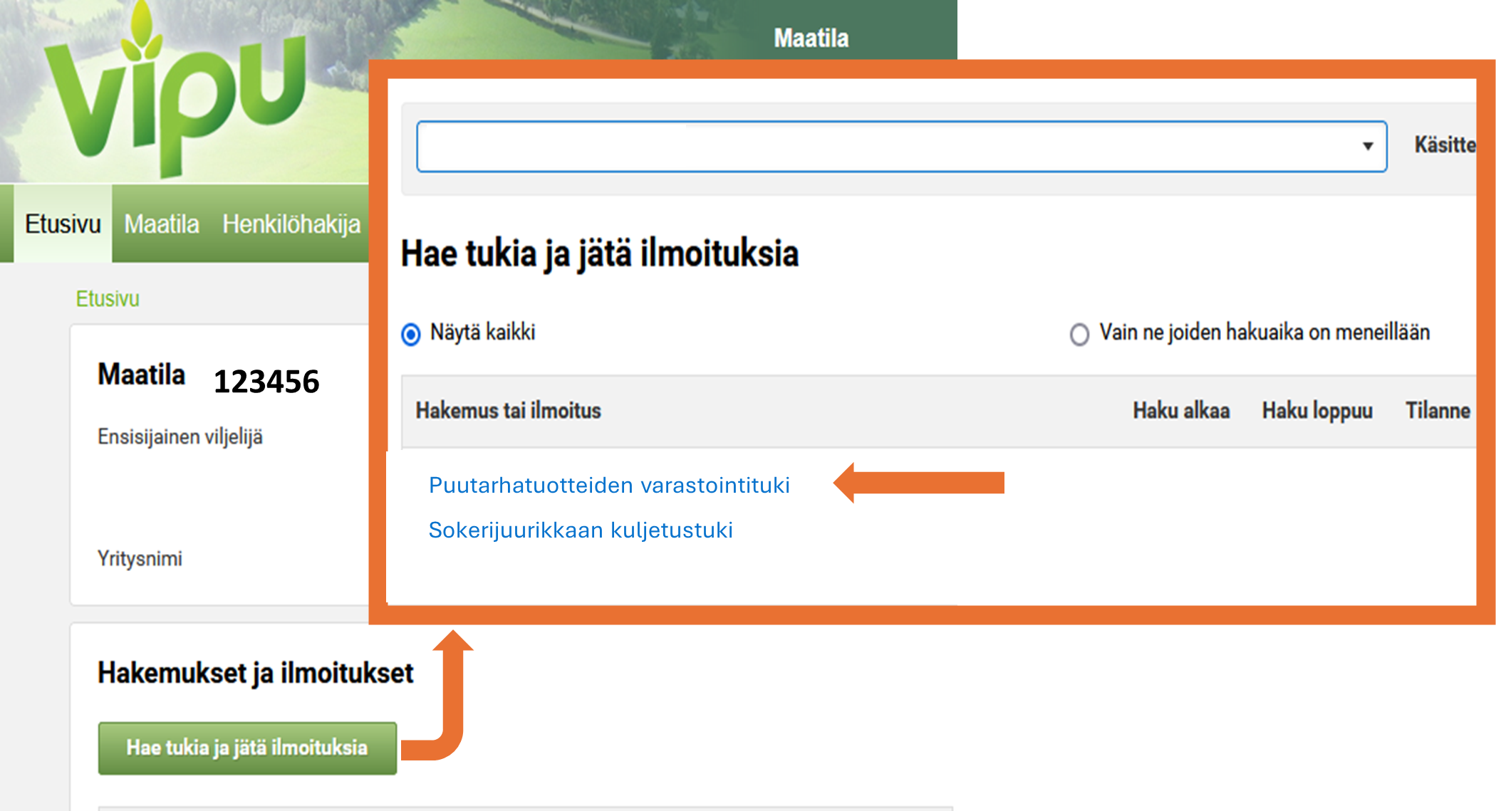 Kuvakaappaus vipu-palvelusta, hae tukia ja j&auml;t&auml; ilmoituksia