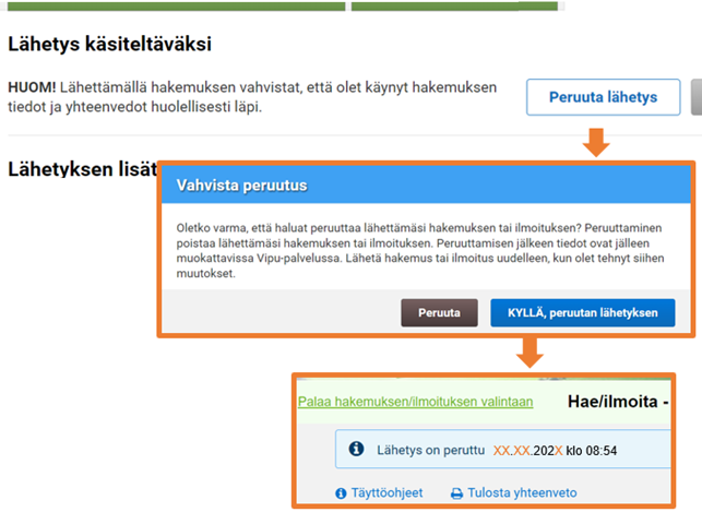 Kuvakaappaus vipu-palvelusta l&auml;hetyksen peruuttaminen