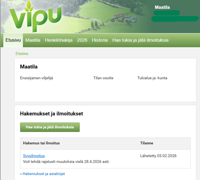 Kuvakaappaus Vipupalvelusta, syysilmoitus