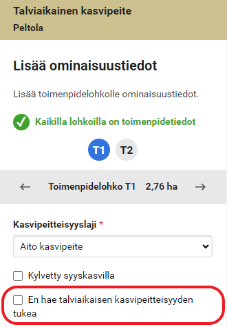 Kuvakaappaus Vipusta, ekoj&auml;rjestelm&auml;tuen kasvipeitteisyyden rasti, jos et voi toteuttaa toimenpidett&auml; lohkolla.