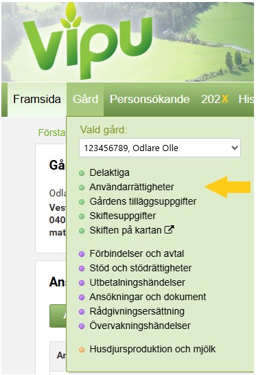 Skärmdump från Viputjänsten, Åtkomsträttigheter