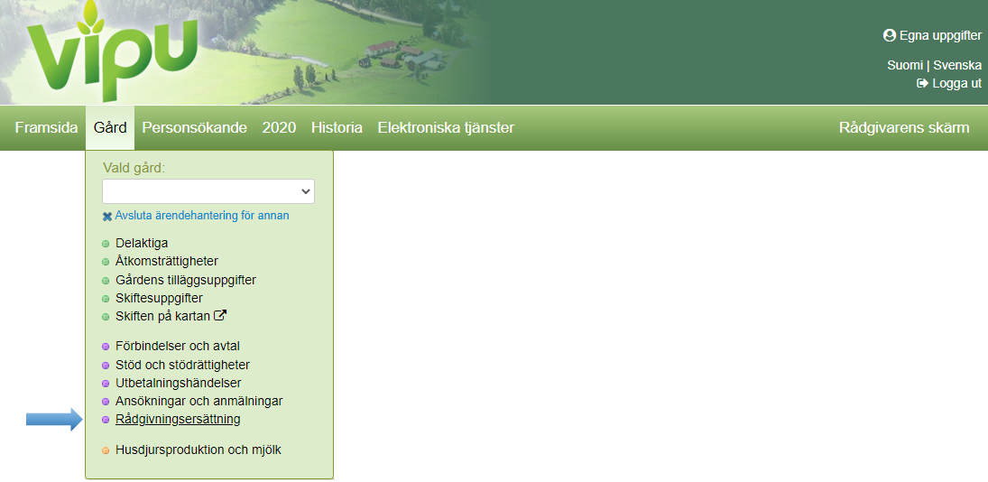 Du kan kontrollera den &aring;terst&aring;ende r&aring;dgivningsers&auml;ttningen i Viputj&auml;nsten: G&aring;rd-meny --> R&aring;dgivningsers&auml;ttning