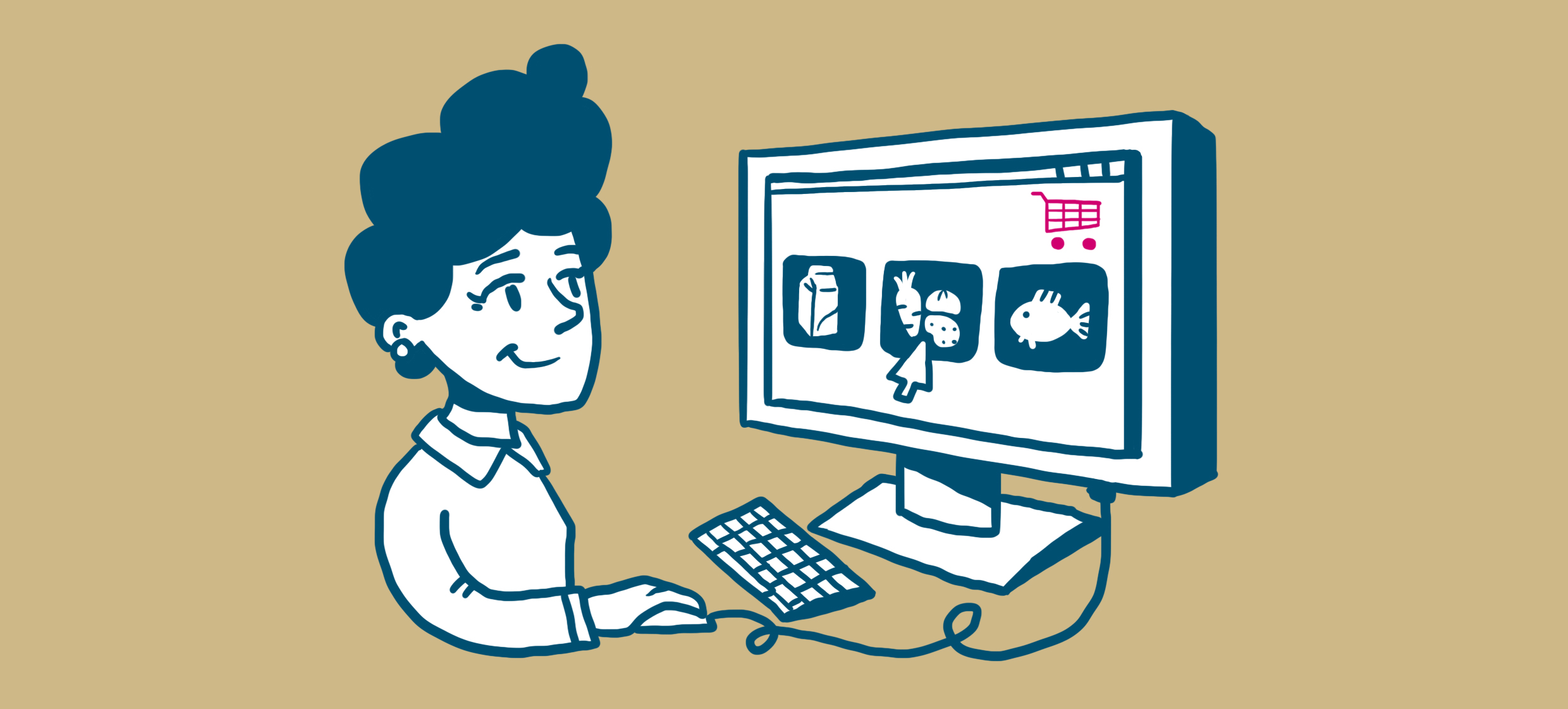 Nainen ostaa elintarvikkeita tietokoneen v&auml;lityksell&auml;