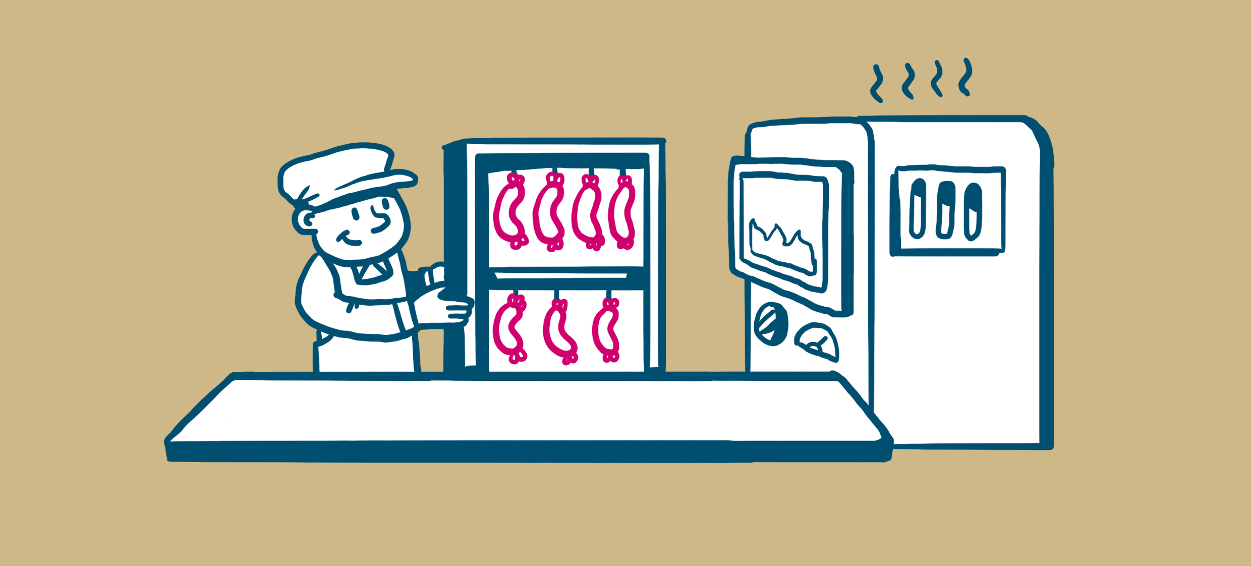 Mies ty&ouml;nt&auml;&auml; uuniin k&auml;rry&auml;, jossa roikkuu makkaroita