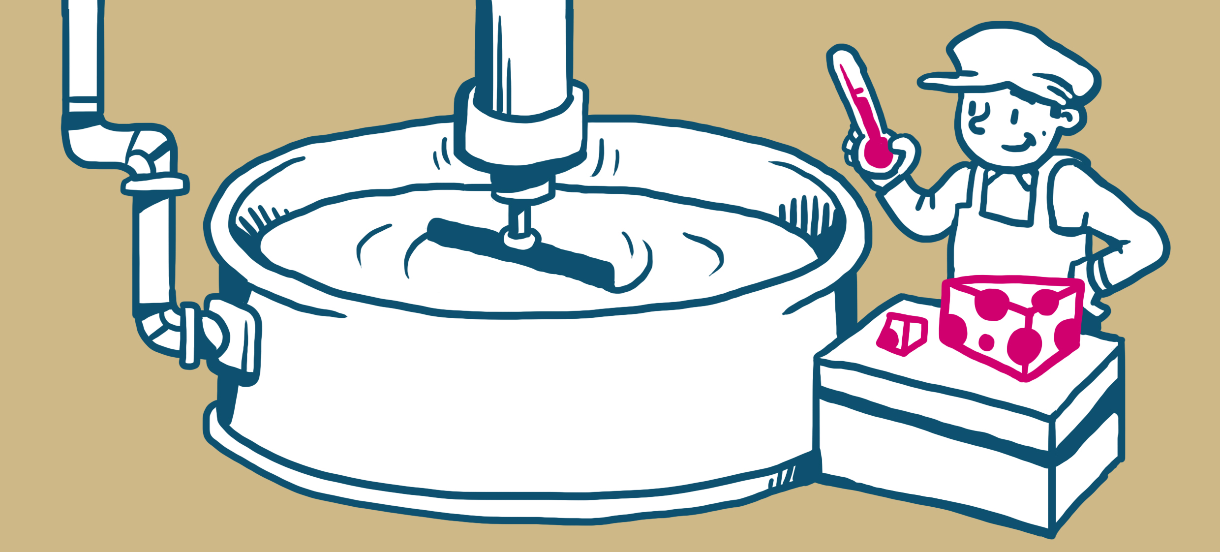 Isossa kattilassa juustomassaa, ty&ouml;ntekij&auml;ll&auml; l&auml;mp&ouml;mittari k&auml;dess&auml;