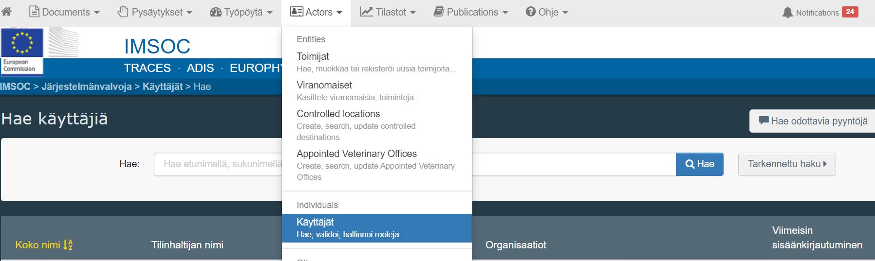 Kuvakaappaus TracesNT:st&auml;.